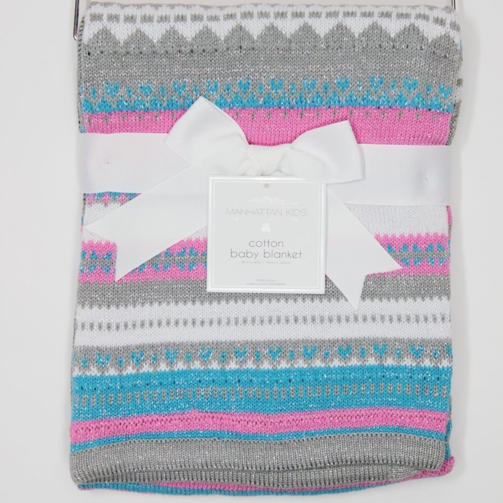 NEW Manhattan Kids Pink Silver Blue Stripe Blanket